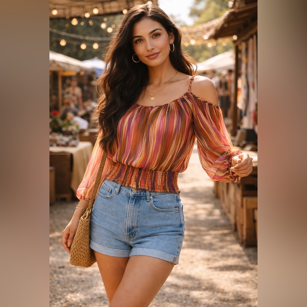 Angie Sheer Boho Stripe Peasant Blouse Top Size L Smocked Waist Festival